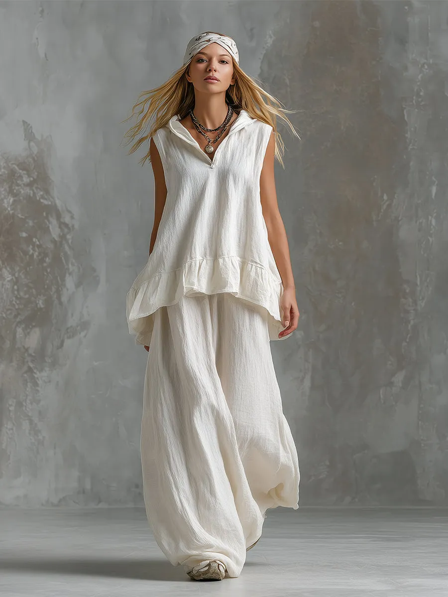 Elegant And Minimalist White Cotton And Linen Sleeveless Hooded Vest And Wide-leg Pants Set sold by Oyrosy product image thumbnail 2