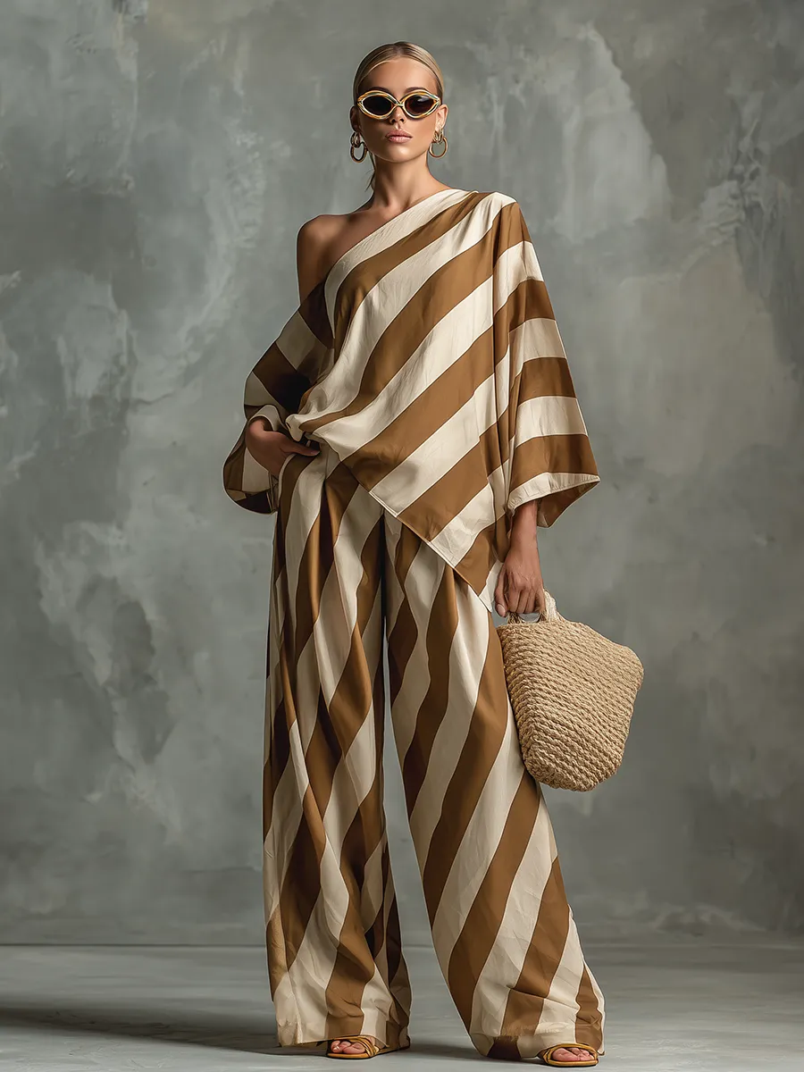 Lazy Chic Retro Striped Print Chiffon Top And Wide-Leg Pants Set sold by Oyrosy product image thumbnail 2