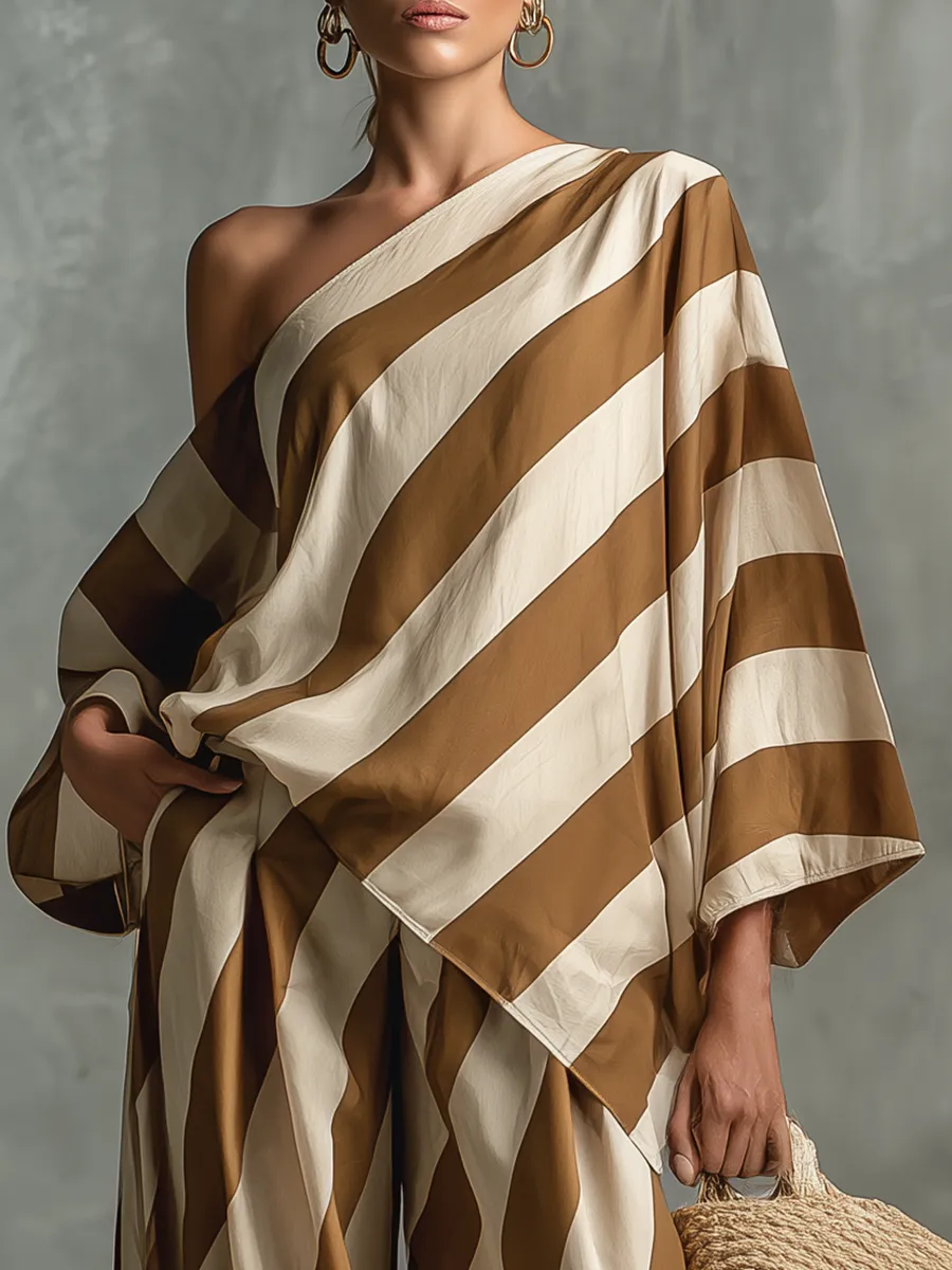 Lazy Chic Retro Striped Print Chiffon Top And Wide-Leg Pants Set sold by Oyrosy product image thumbnail 3