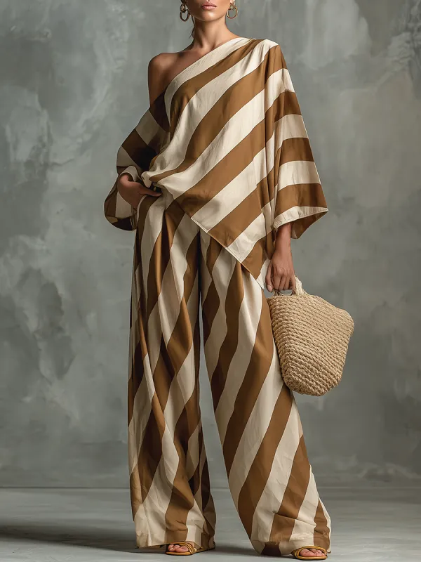 Lazy Chic Retro Striped Print Chiffon Top And Wide-Leg Pants Set sold by Oyrosy