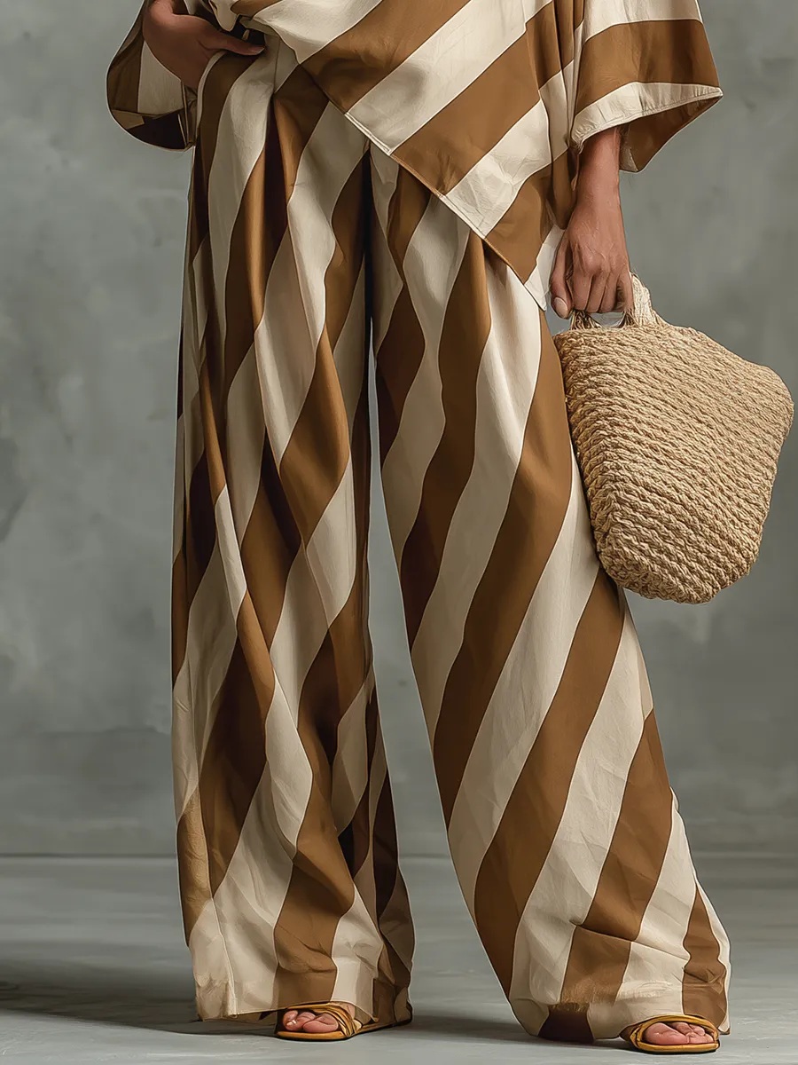 Lazy Chic Retro Striped Print Chiffon Top And Wide-Leg Pants Set sold by Oyrosy product image thumbnail 4