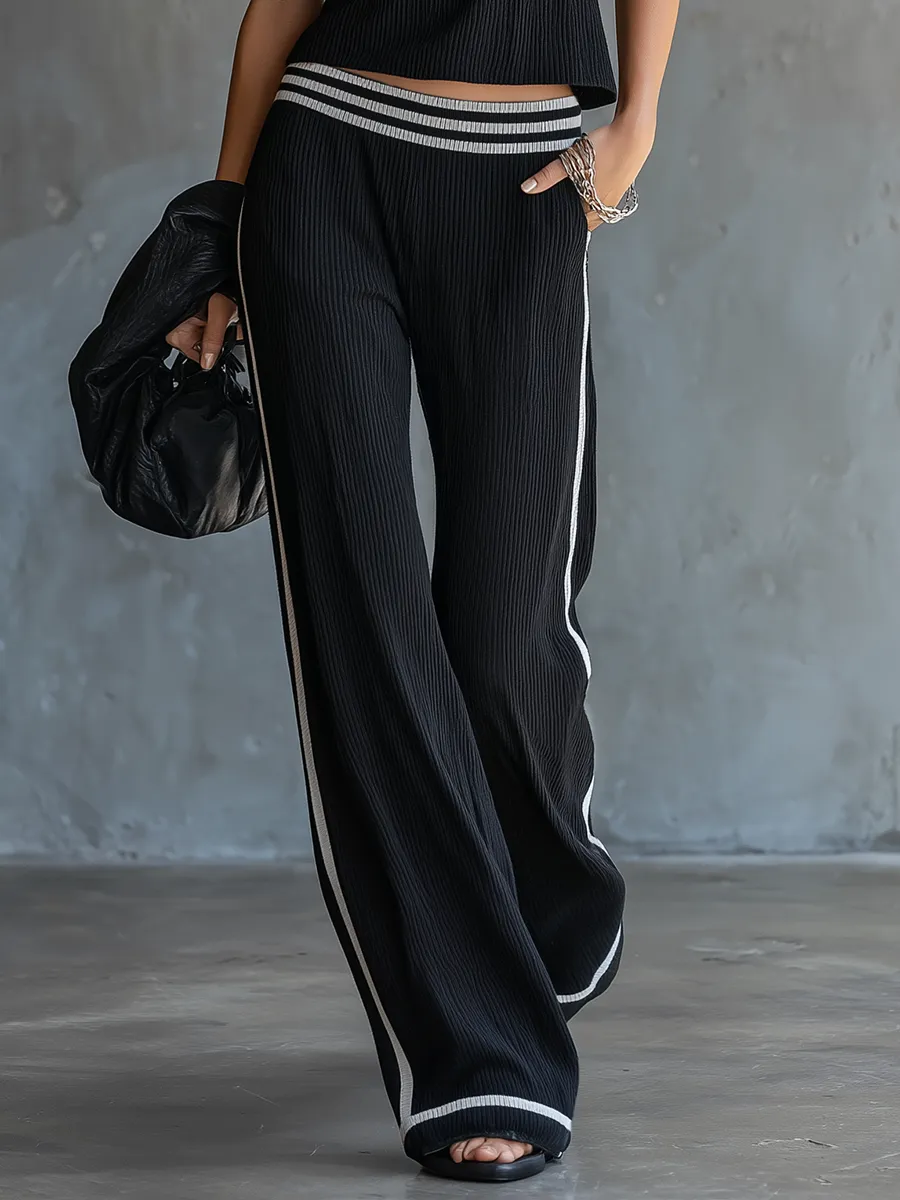 Lazy Chic Sporty Color-block Trim Sleeveless Knit Top And Wide-leg Knit Pants Set sold by Oyrosy product image thumbnail 4