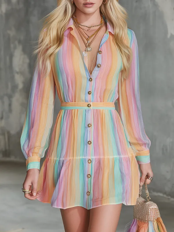 Retro-style Fashionable Colorful Striped Print Chiffon Mini Dress sold by Oyrosy