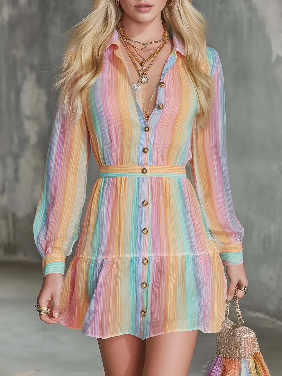 Retro-style Fashionable Colorful Striped Print Chiffon Mini Dress sold by Oyrosy