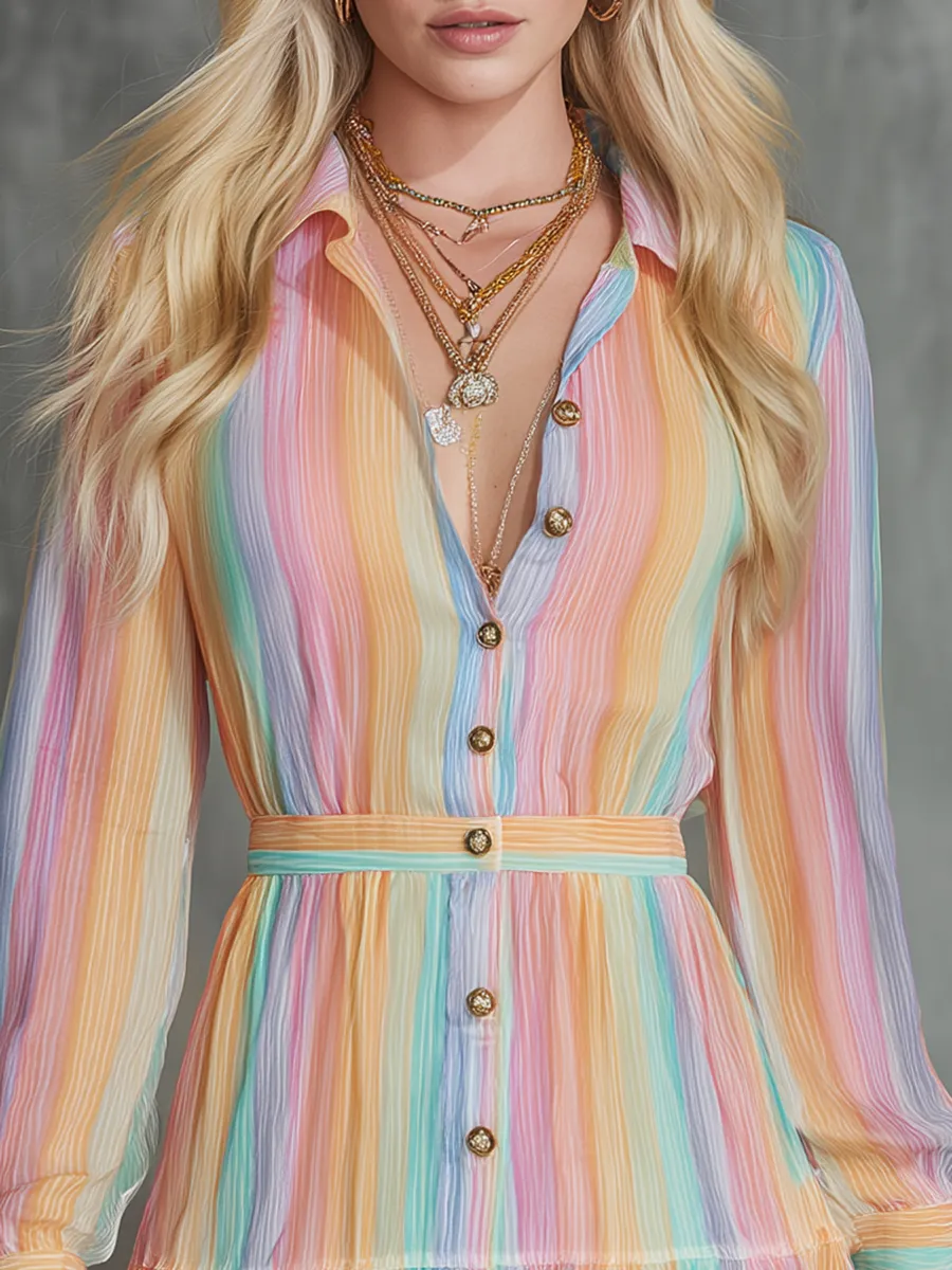 Retro-style Fashionable Colorful Striped Print Chiffon Mini Dress sold by Oyrosy product image thumbnail 3