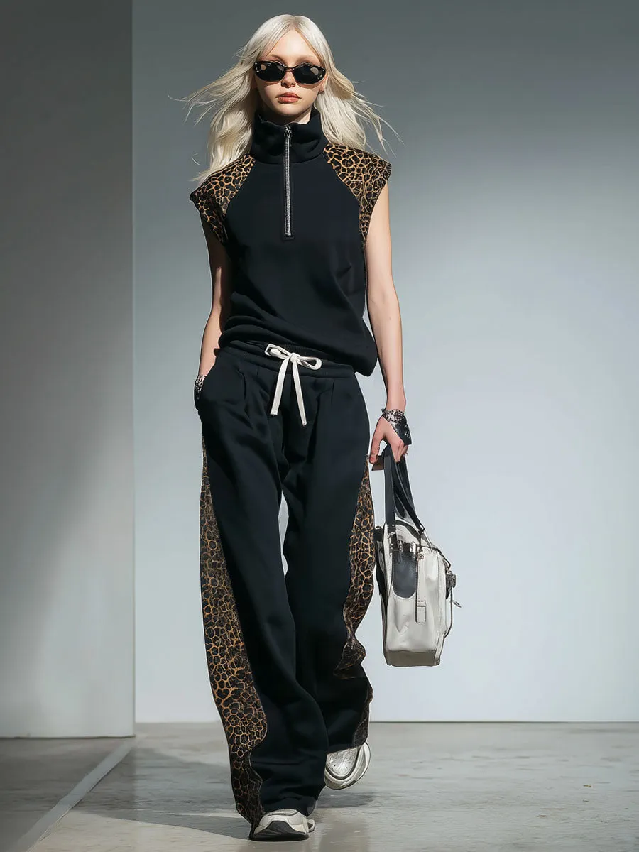 Color-blocked Patchwork Stand-collar Sleeveless Top And Pants Set sold by Oyrosy product image thumbnail 4