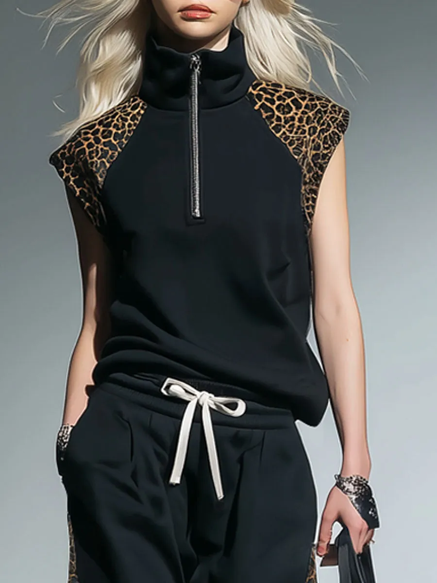 Color-blocked Patchwork Stand-collar Sleeveless Top And Pants Set sold by Oyrosy product image thumbnail 2