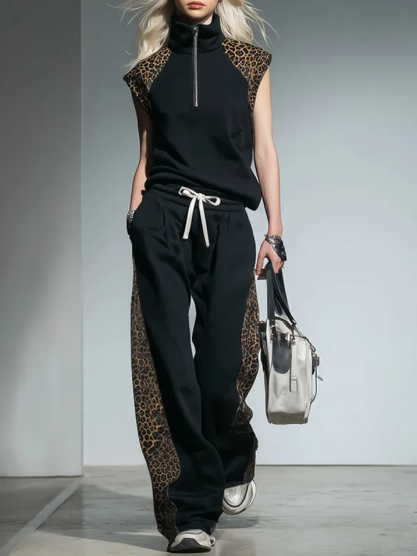 Color-blocked Patchwork Stand-collar Sleeveless Top And Pants Set sold by Oyrosy