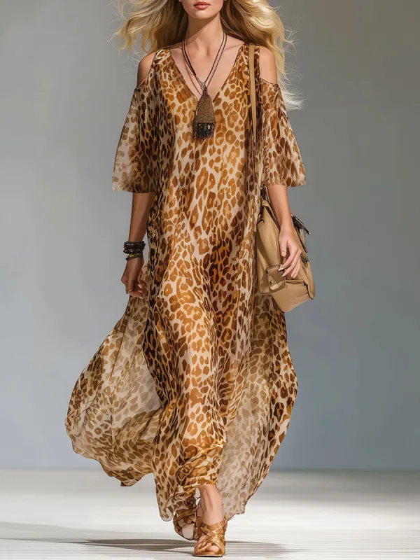 Leopard Print V-neck Cold Shoulder Chiffon Short-sleeved Maxi Dress sold by Oyrosy