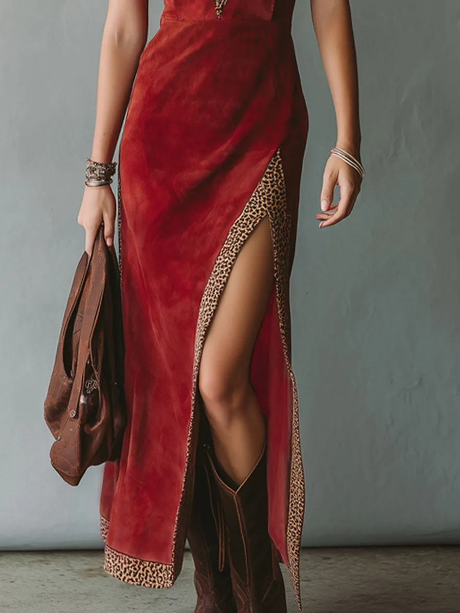 Leopard Print V-neck Faux Suede Sleeveless Maxi Dress sold by Oyrosy product image thumbnail 3