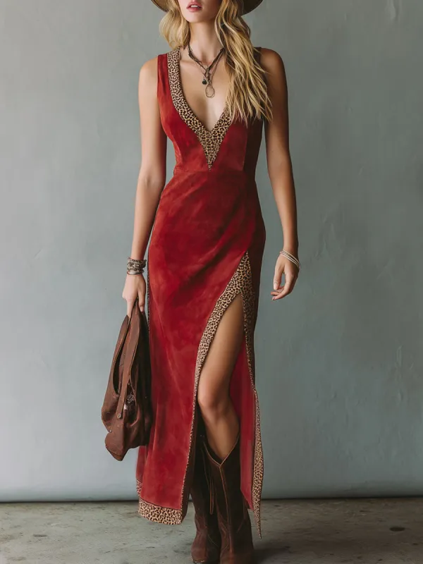 Leopard Print V-neck Faux Suede Sleeveless Maxi Dress sold by Oyrosy