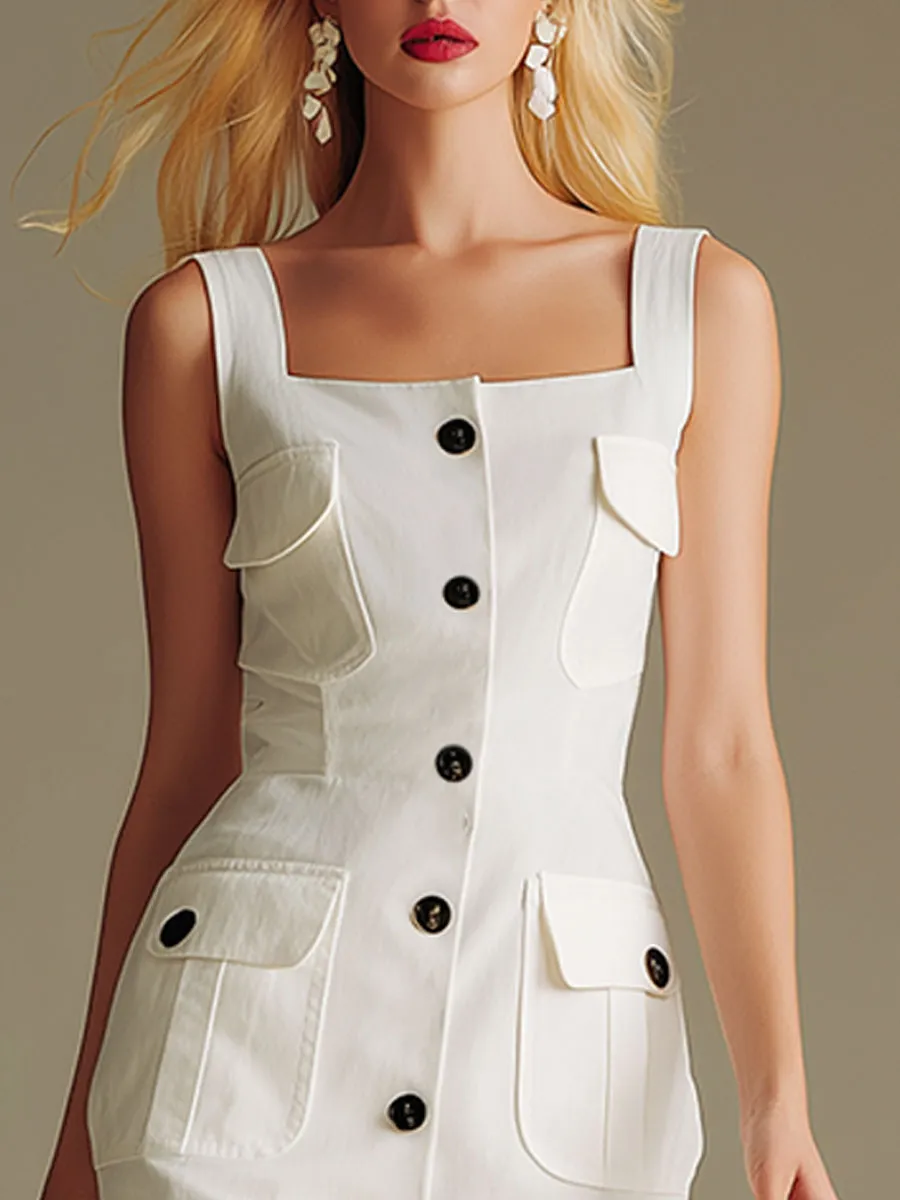 Stylish And Casual White Sleeveless Tencel Denim Midi Dress sold by Oyrosy product image thumbnail 3