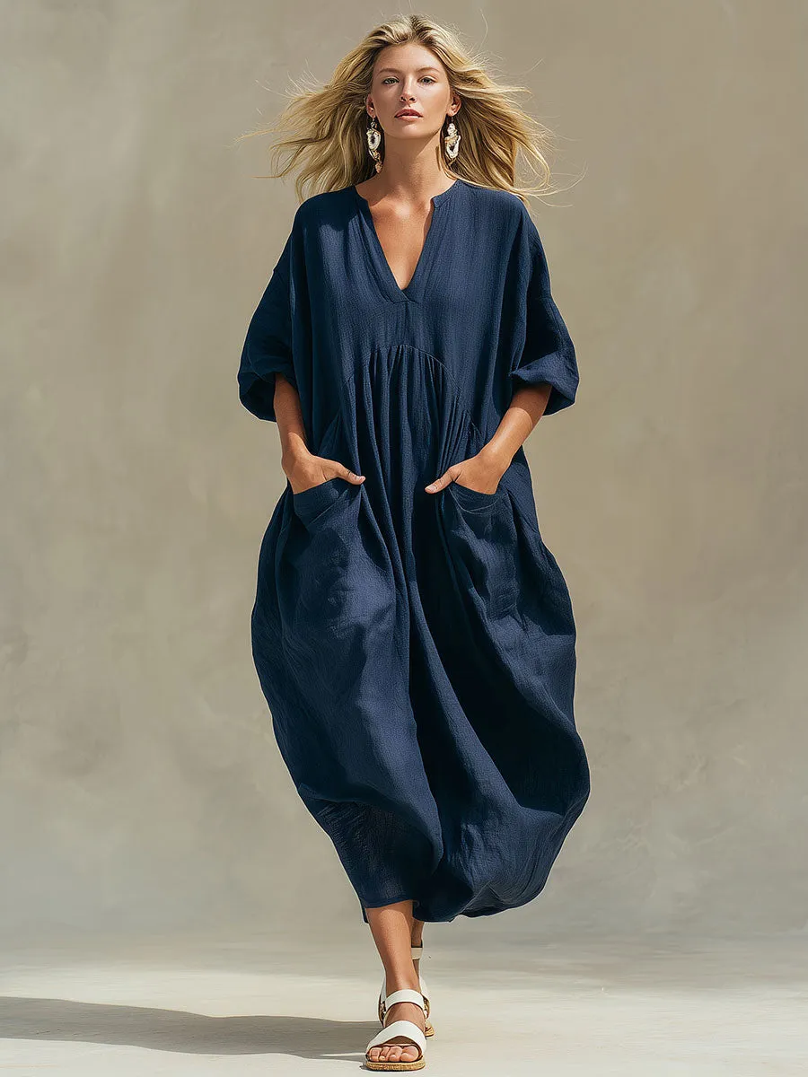 Casual Loose-fitting Blue Short-sleeved Tencel Denim Midi Dress sold by Oyrosy product image thumbnail 2