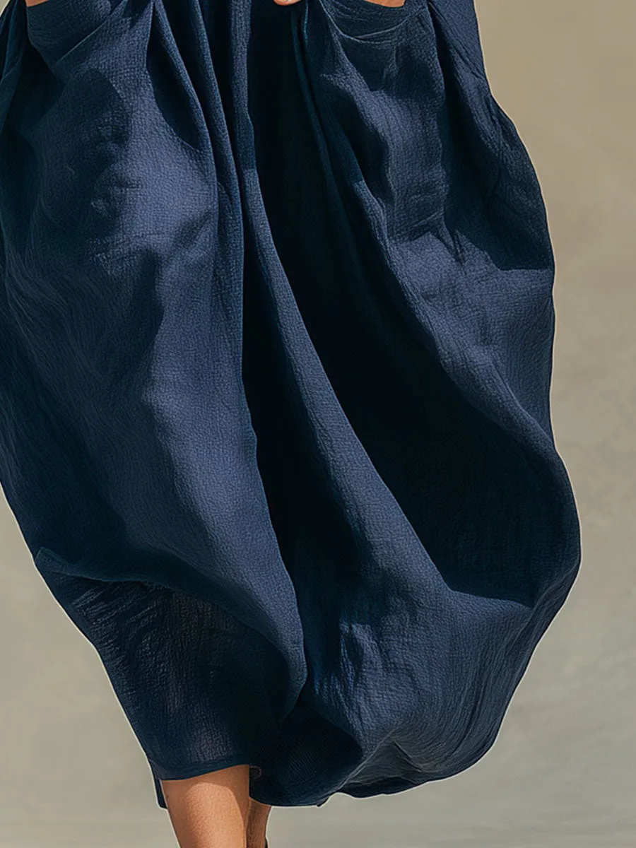 Casual Loose-fitting Blue Short-sleeved Tencel Denim Midi Dress sold by Oyrosy product image thumbnail 4