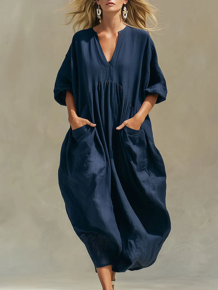 Casual Loose-fitting Blue Short-sleeved Tencel Denim Midi Dress sold by Oyrosy