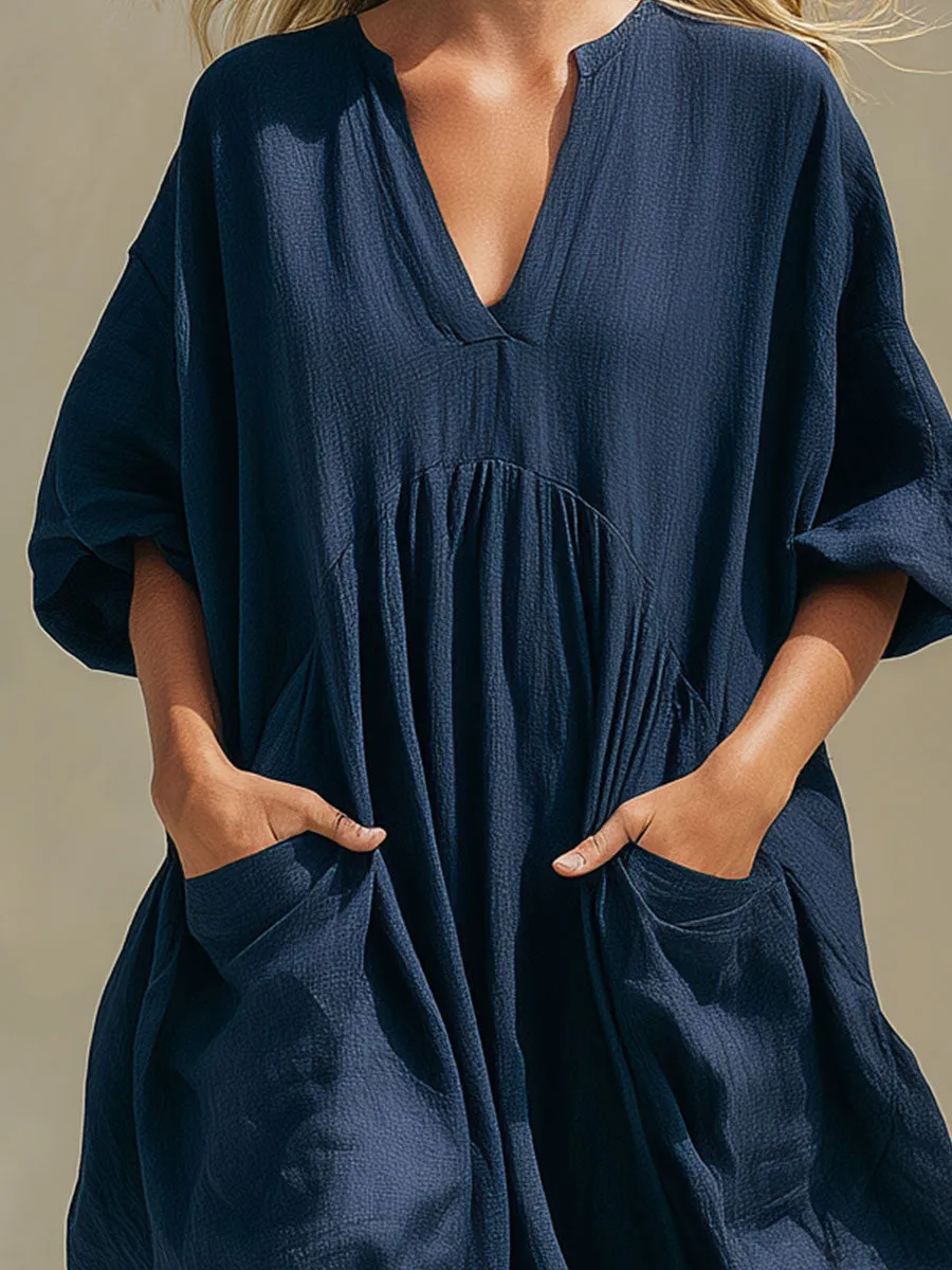 Casual Loose-fitting Blue Short-sleeved Tencel Denim Midi Dress sold by Oyrosy product image thumbnail 3