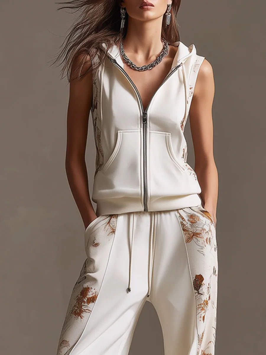 Sporty Retro Floral Velvet Patchwork White Sleeveless Hooded Sweatshirt And Pants Set sold by Oyrosy product image thumbnail 4