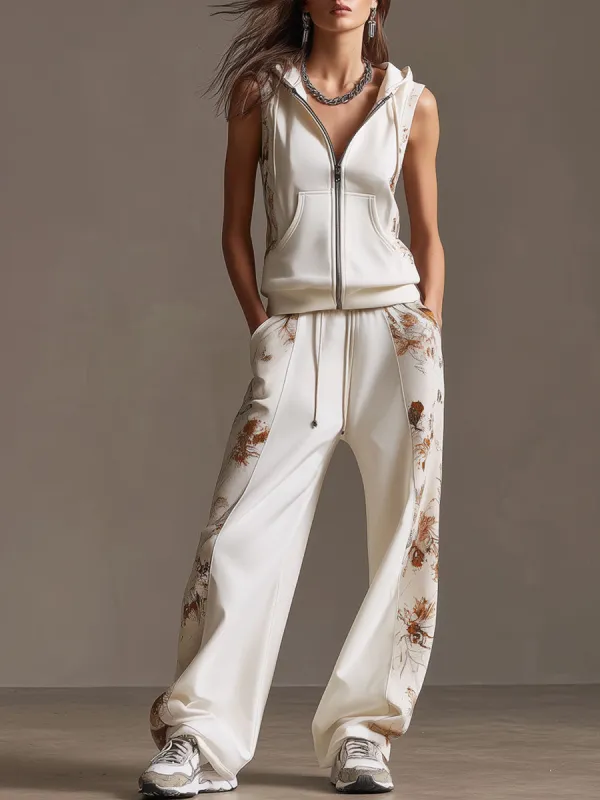 Sporty Retro Floral Velvet Patchwork White Sleeveless Hooded Sweatshirt And Pants Set sold by Oyrosy