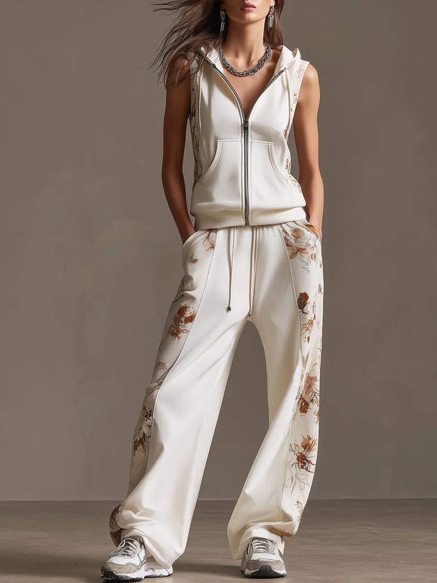 Sporty Retro Floral Velvet Patchwork White Sleeveless Hooded Sweatshirt And Pants Set sold by Oyrosy