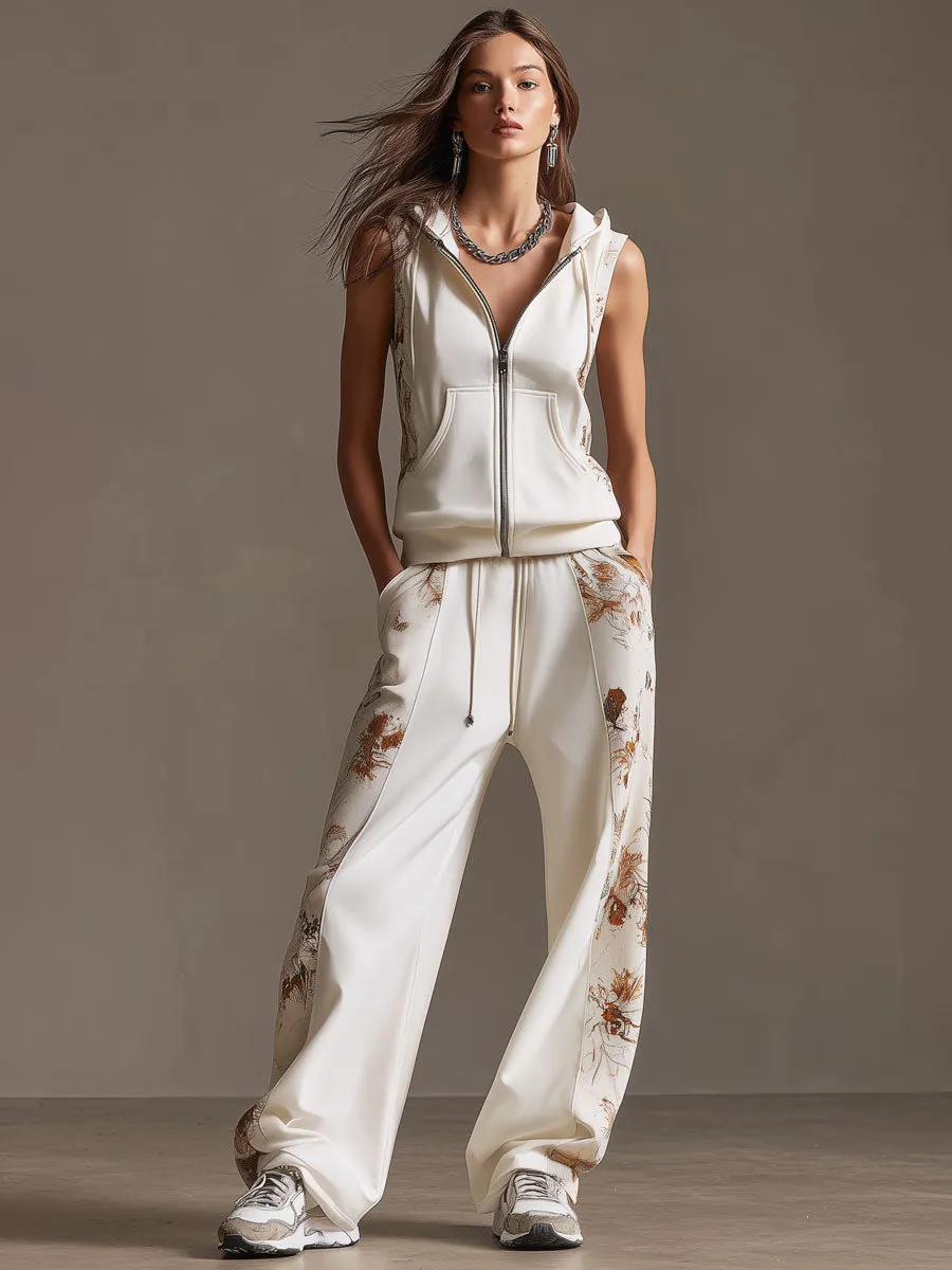 Sporty Retro Floral Velvet Patchwork White Sleeveless Hooded Sweatshirt And Pants Set sold by Oyrosy product image thumbnail 2