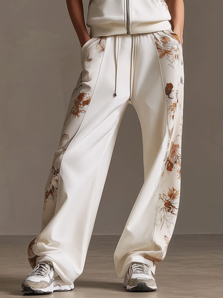 Sporty Retro Floral Velvet Patchwork White Sleeveless Hooded Sweatshirt And Pants Set sold by Oyrosy product image thumbnail 3