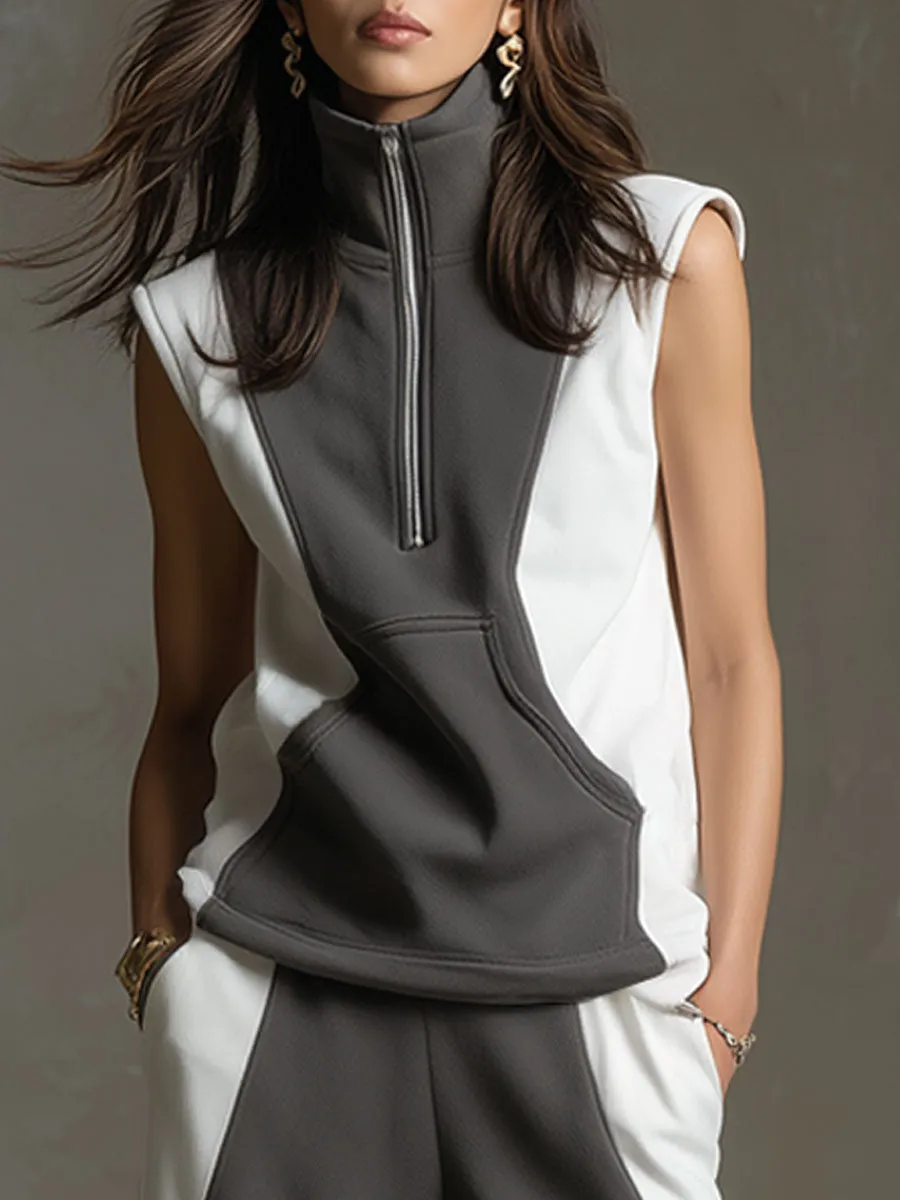 Retro Gray And White Sleeveless Sweatshirt And Wide-leg Pants Set sold by Oyrosy product image thumbnail 3