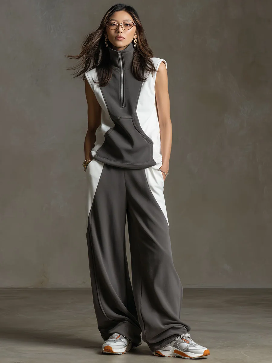 Retro Gray And White Sleeveless Sweatshirt And Wide-leg Pants Set sold by Oyrosy product image thumbnail 2
