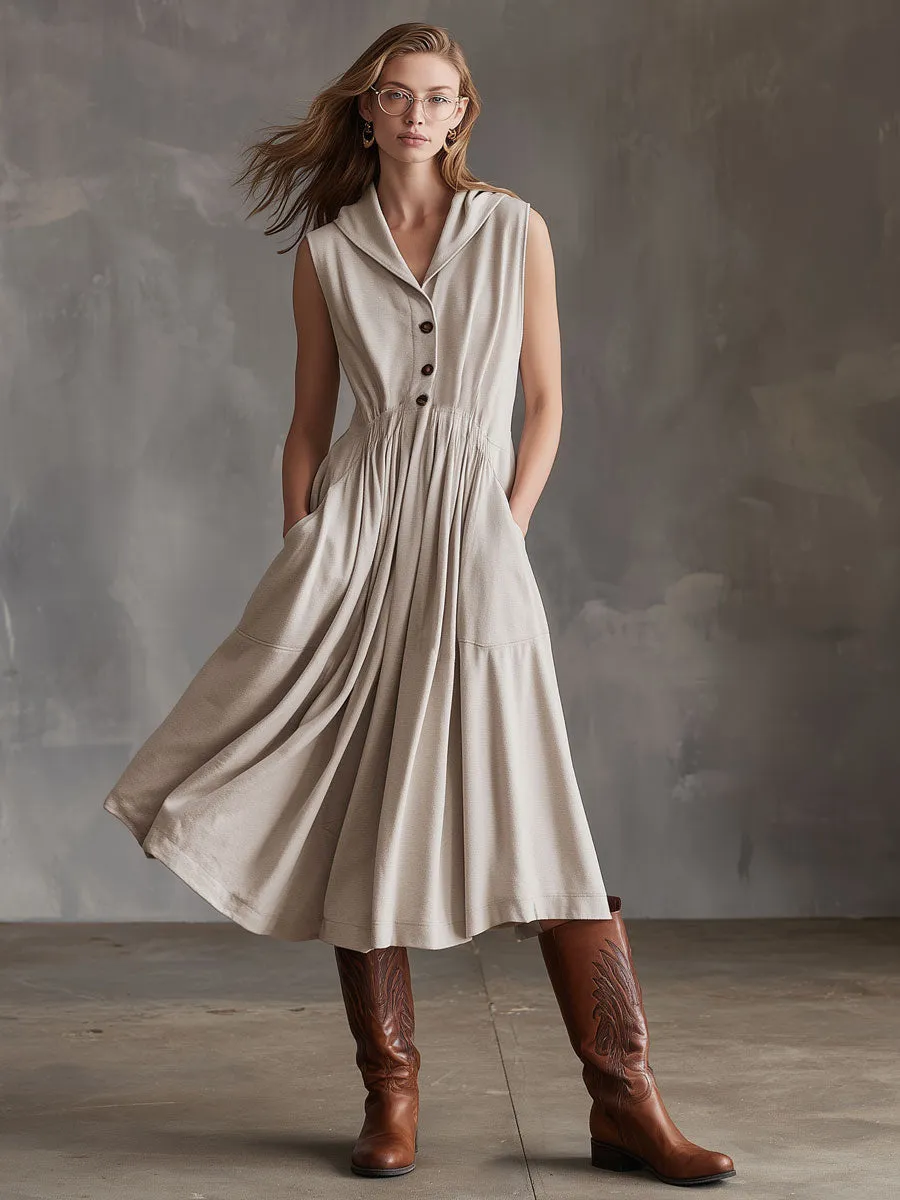 Sporty Retro Apricot Sleeveless A-line Midi Dress sold by Oyrosy product image thumbnail 2