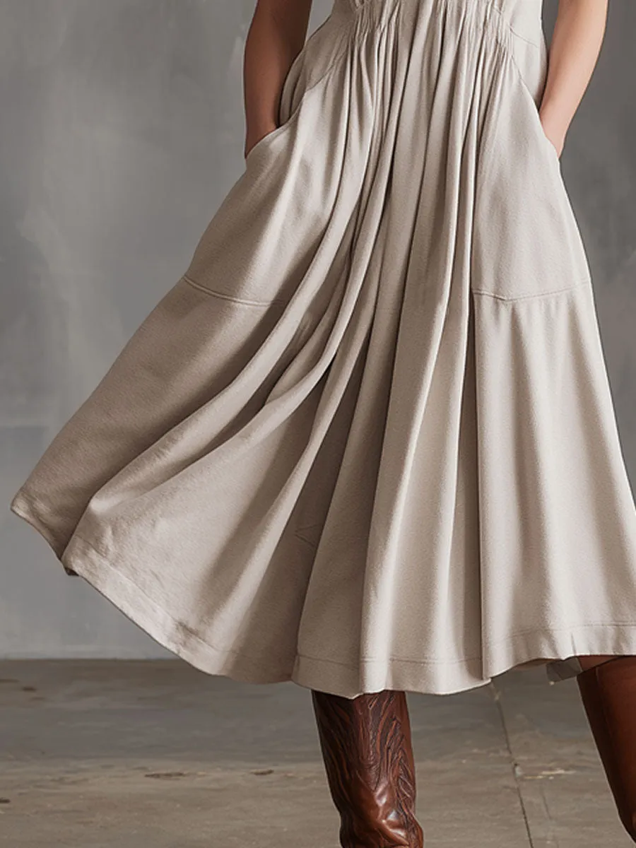 Sporty Retro Apricot Sleeveless A-line Midi Dress sold by Oyrosy product image thumbnail 4