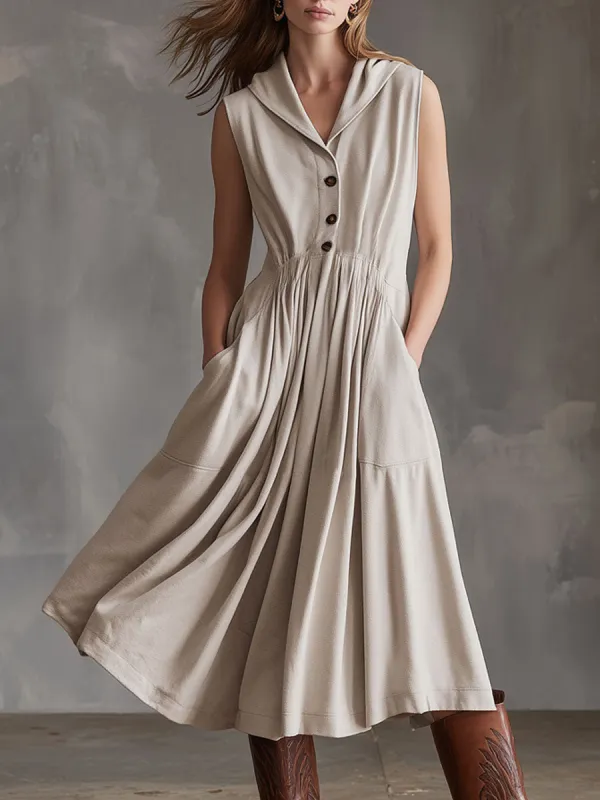 Sporty Retro Apricot Sleeveless A-line Midi Dress sold by Oyrosy