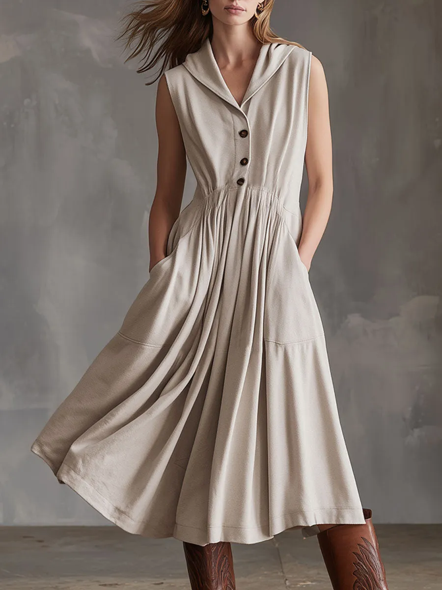 Sporty Retro Apricot Sleeveless A-line Midi Dress sold by Oyrosy