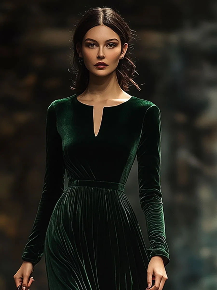 【24-hour shipping】Round V-neck Fashion Party Holiday Solid Color Velvet Long Sleeve Maxi Dress sold by Oyrosy product image thumbnail 3