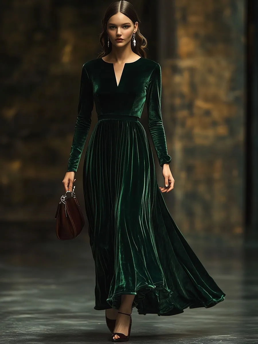 【24-hour shipping】Round V-neck Fashion Party Holiday Solid Color Velvet Long Sleeve Maxi Dress sold by Oyrosy product image thumbnail 2