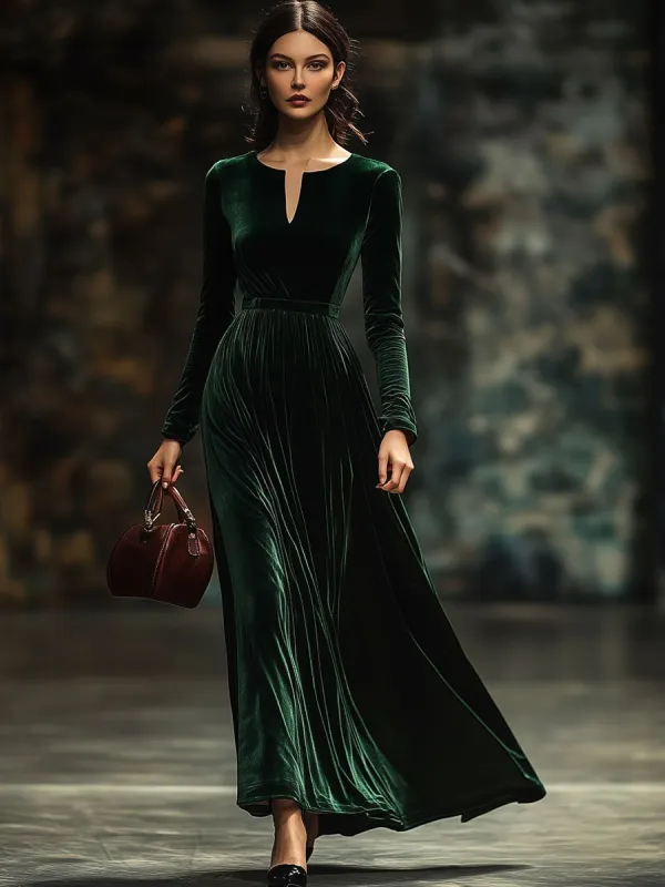 【24-hour shipping】Round V-neck Fashion Party Holiday Solid Color Velvet Long Sleeve Maxi Dress made by Oyrosy