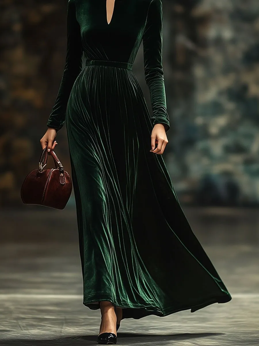 【24-hour shipping】Round V-neck Fashion Party Holiday Solid Color Velvet Long Sleeve Maxi Dress sold by Oyrosy product image thumbnail 4