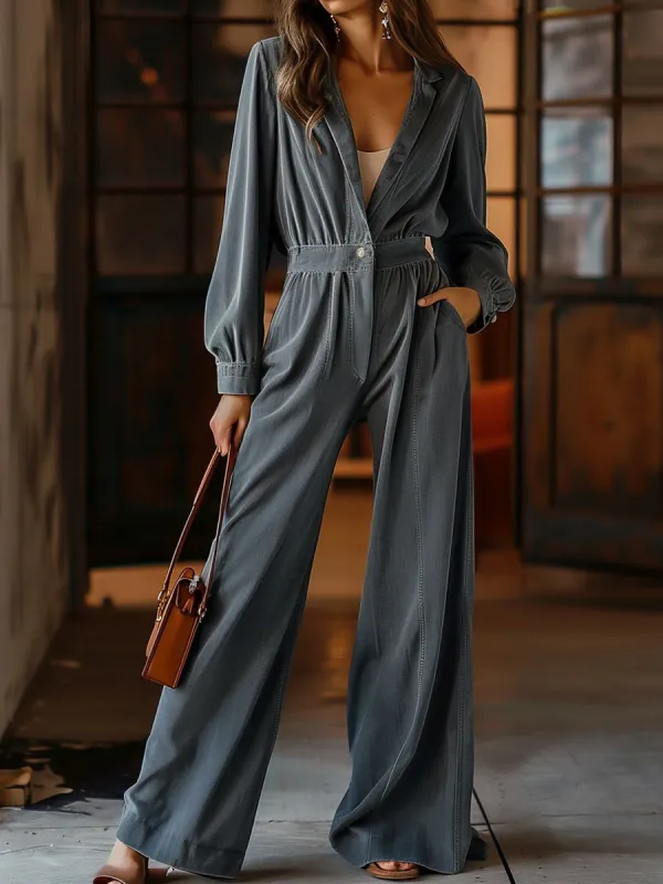 【24-hour shipping out】Casual Retro Pocket Denim Long Sleeve Wide Leg Jumpsuit sold by Oyrosy