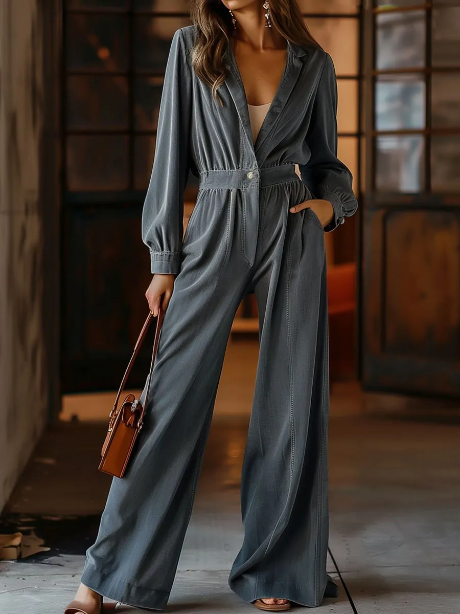 【24-hour shipping out】Casual Retro Pocket Denim Long Sleeve Wide Leg Jumpsuit sold by Oyrosy
