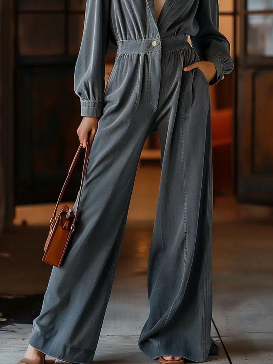 【24-hour shipping out】Casual Retro Pocket Denim Long Sleeve Wide Leg Jumpsuit sold by Oyrosy product image thumbnail 3