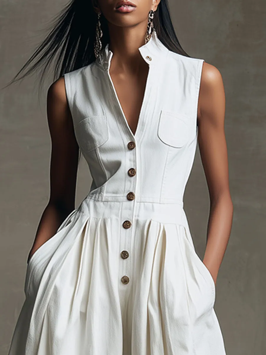 Casual Retro White Denim Sleeveless A-line Midi Dress sold by Oyrosy product image thumbnail 3