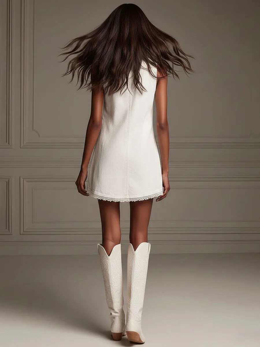 Casual Retro Lace-trimmed White Denim Sleeveless Mini Dress sold by Oyrosy product image thumbnail 4