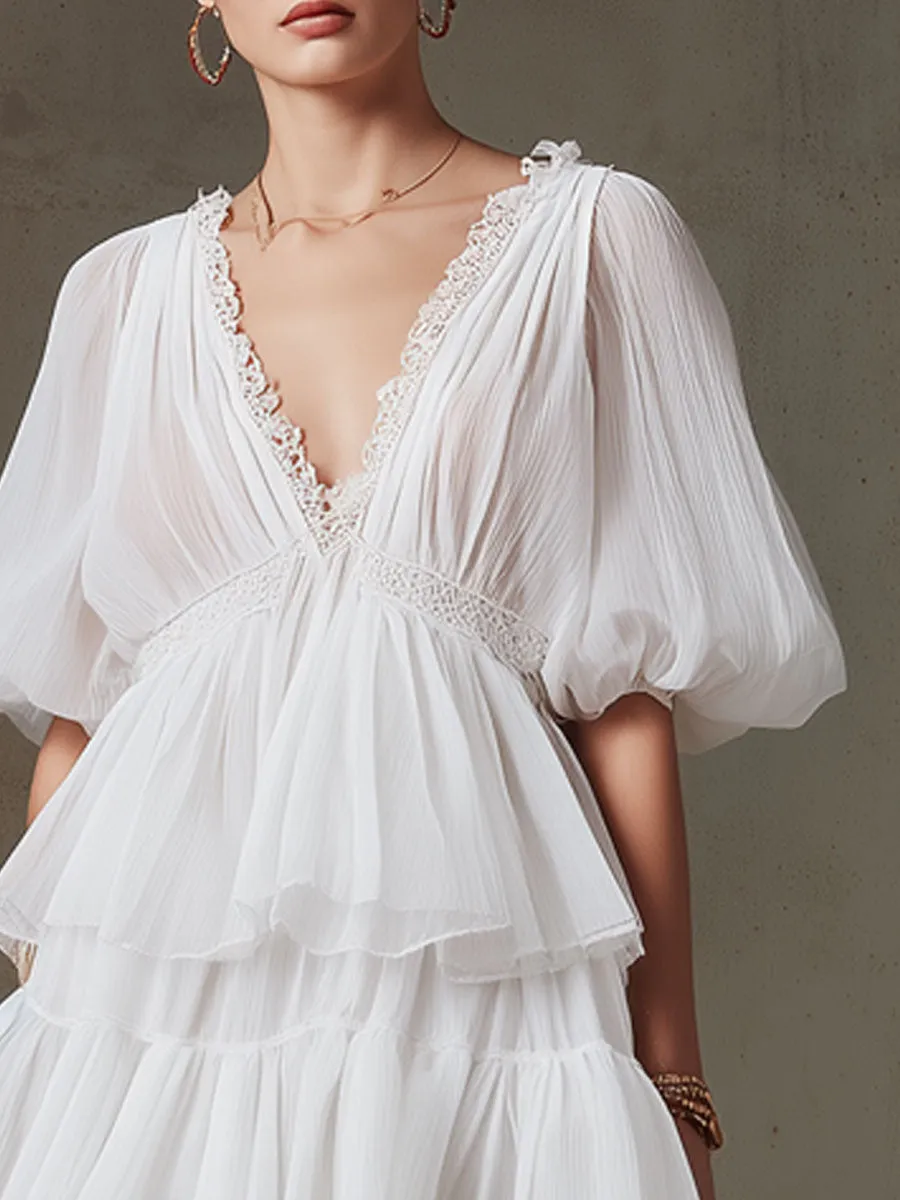 Fashionable Retro Lace White Pleated Chiffon Mini Dress sold by Oyrosy product image thumbnail 3