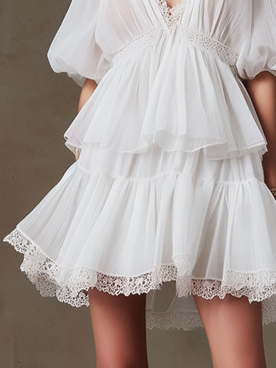Fashionable Retro Lace White Pleated Chiffon Mini Dress sold by Oyrosy product image thumbnail 4