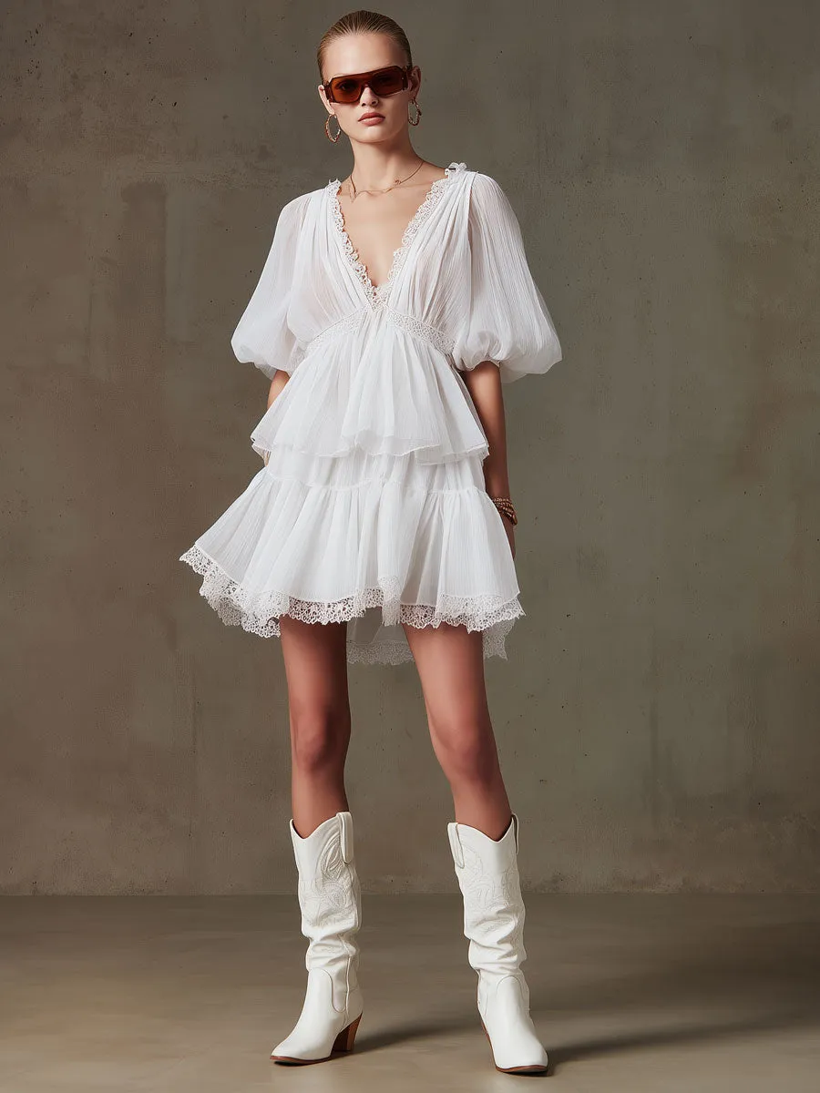 Fashionable Retro Lace White Pleated Chiffon Mini Dress sold by Oyrosy product image thumbnail 2
