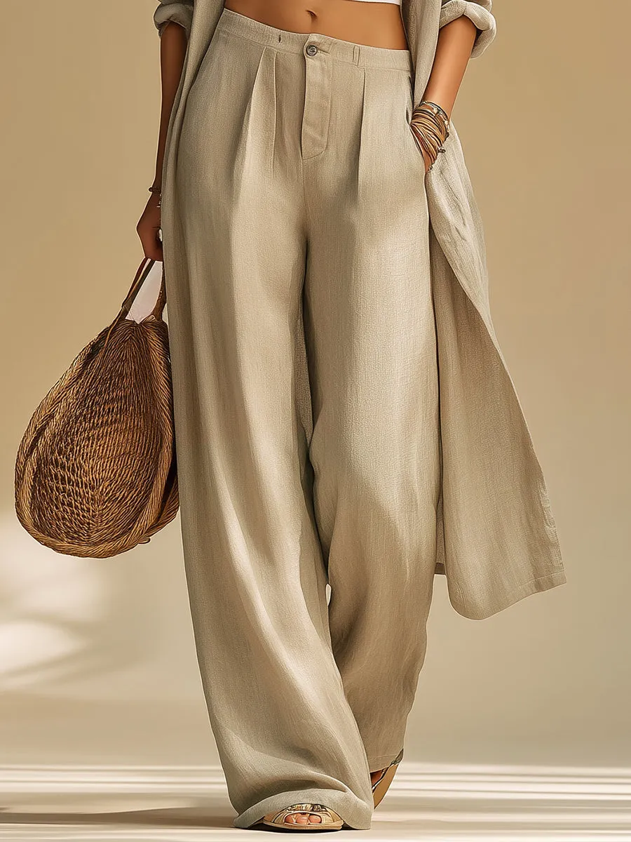 Retro-style Fashionable Casual Solid-color Long Top And Wide-leg Pants Set sold by Oyrosy product image thumbnail 4