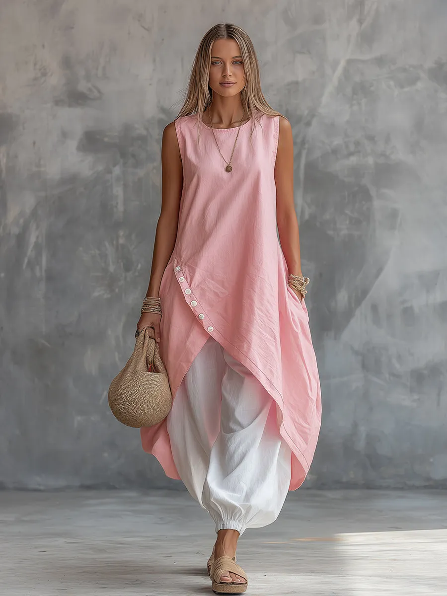 Retro Casual Vacation Asymmetrical Hem Top And Harem Pants Set sold by Oyrosy product image thumbnail 2