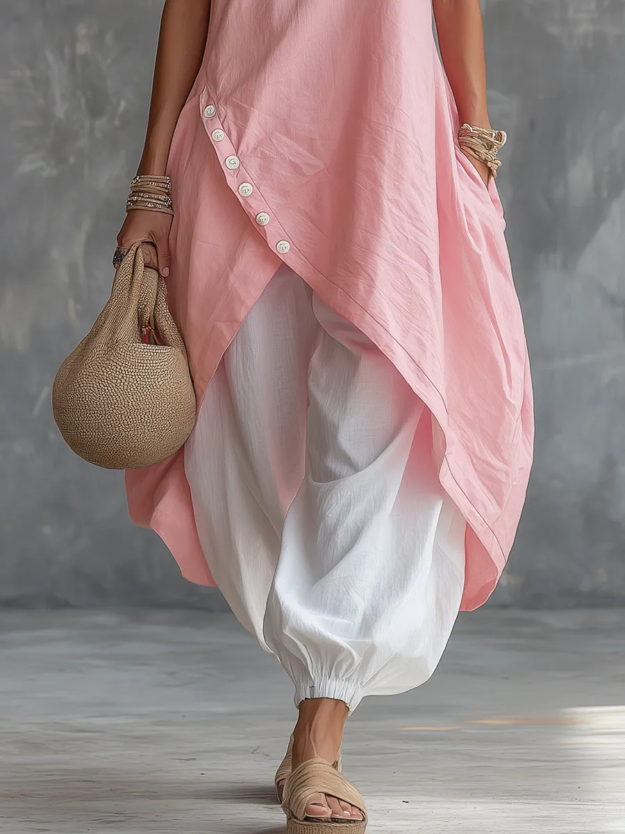 Retro Casual Vacation Asymmetrical Hem Top And Harem Pants Set sold by Oyrosy product image thumbnail 4