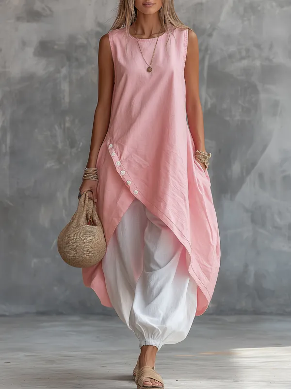 Retro Casual Vacation Asymmetrical Hem Top And Harem Pants Set made by Oyrosy