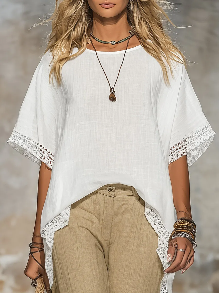 Retro Casual Resort Style Lace-trimmed Top And Flared Pants Set sold by Oyrosy product image thumbnail 3