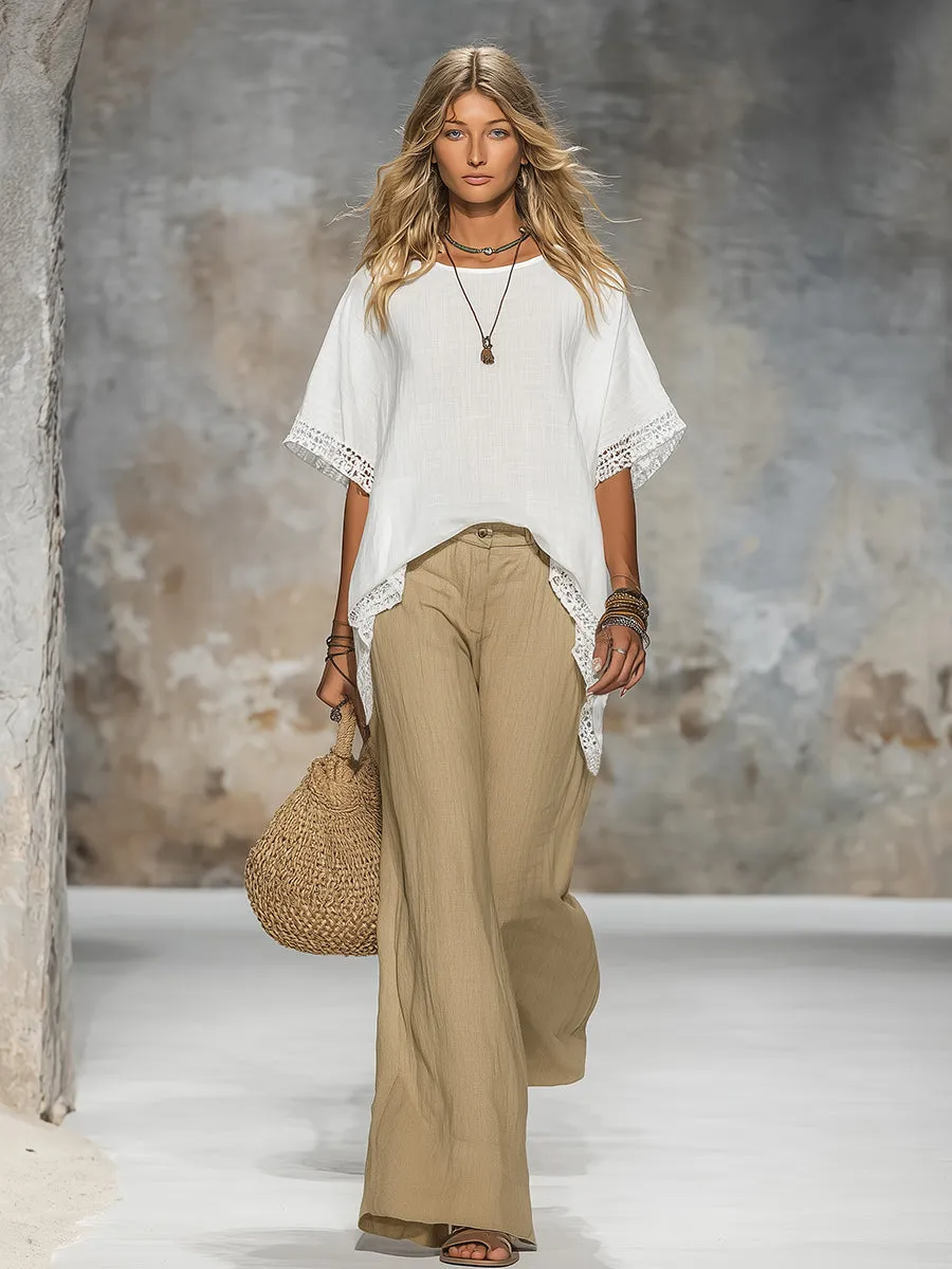 Retro Casual Resort Style Lace-trimmed Top And Flared Pants Set sold by Oyrosy product image thumbnail 2