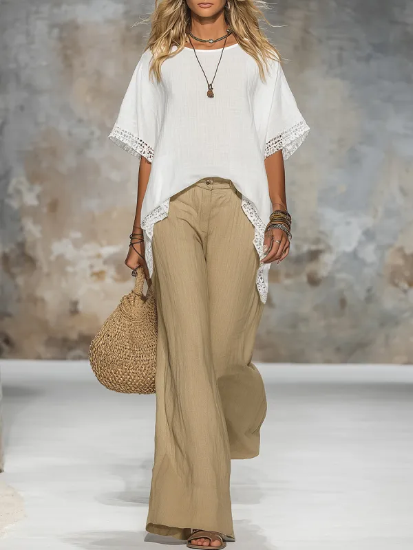 Retro Casual Resort Style Lace-trimmed Top And Flared Pants Set sold by Oyrosy